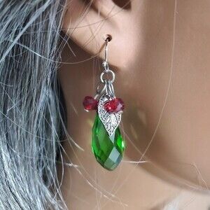 Pier 1 Christmas Dangle  Earrings Green Red Silver